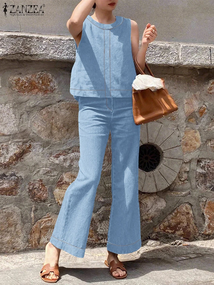 ZANZEA Women Demin Suits Casual Office Work Wide Leg Jeans Sets 2025 Fashion Summer Sleeveless Tank Tops Long Flare Trousers 2PC
ZANZEA Women Demin Suits Casual Office Work Wide Leg Jeans Sets 2025 Fashion Summer Sleeveless Tank Tops Long Flare Trousers 2PC
