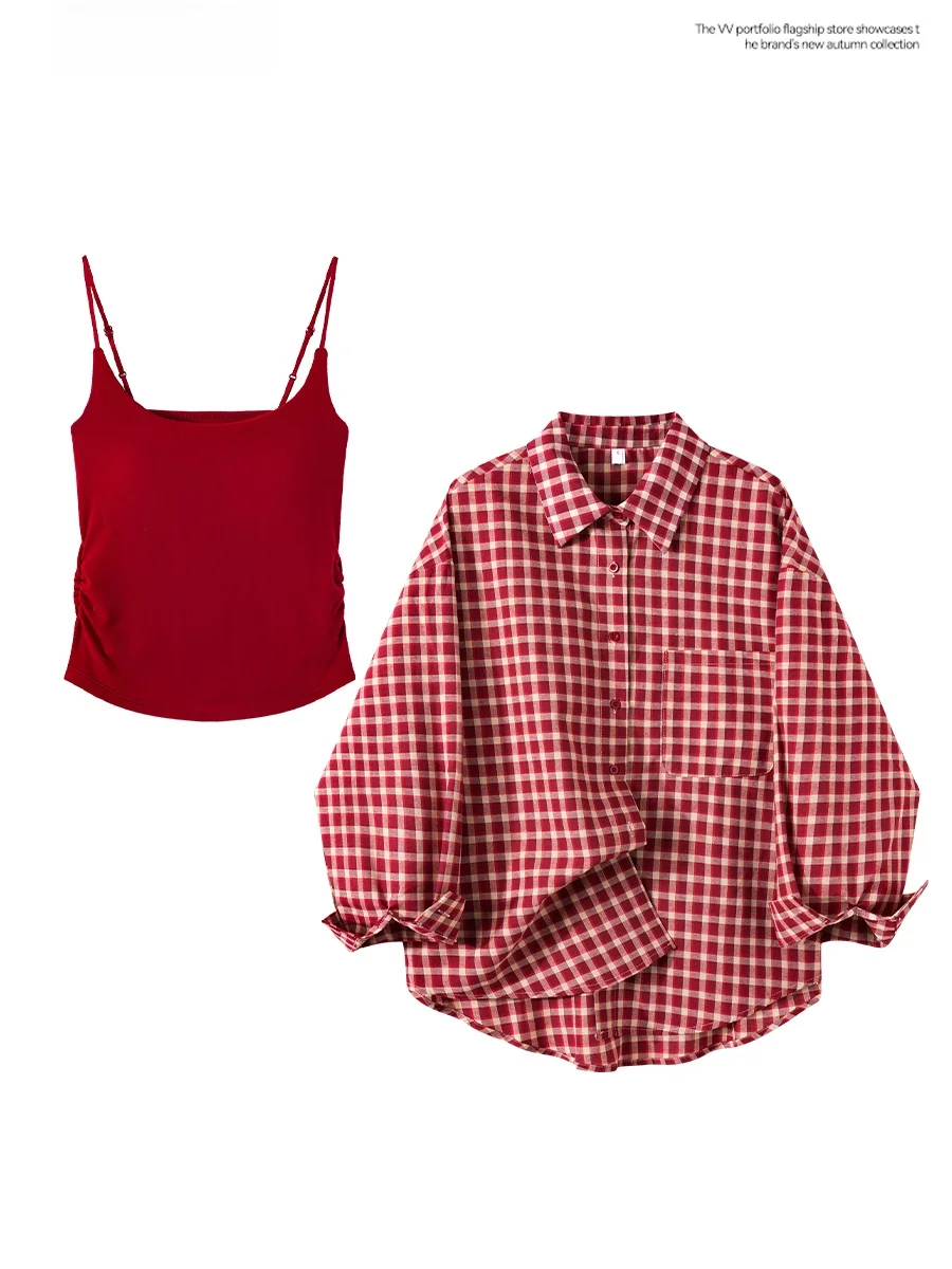 Summer Women's Plaid Long Sleeve Shirt And Red Strap Vest Two-Piece Set Loose Fit Shoulder High Waist Casual Fashion
Summer Women's Plaid Long Sleeve Shirt And Red Strap Vest Two-Piece Set Loose Fit Shoulder High Waist Casual Fashion