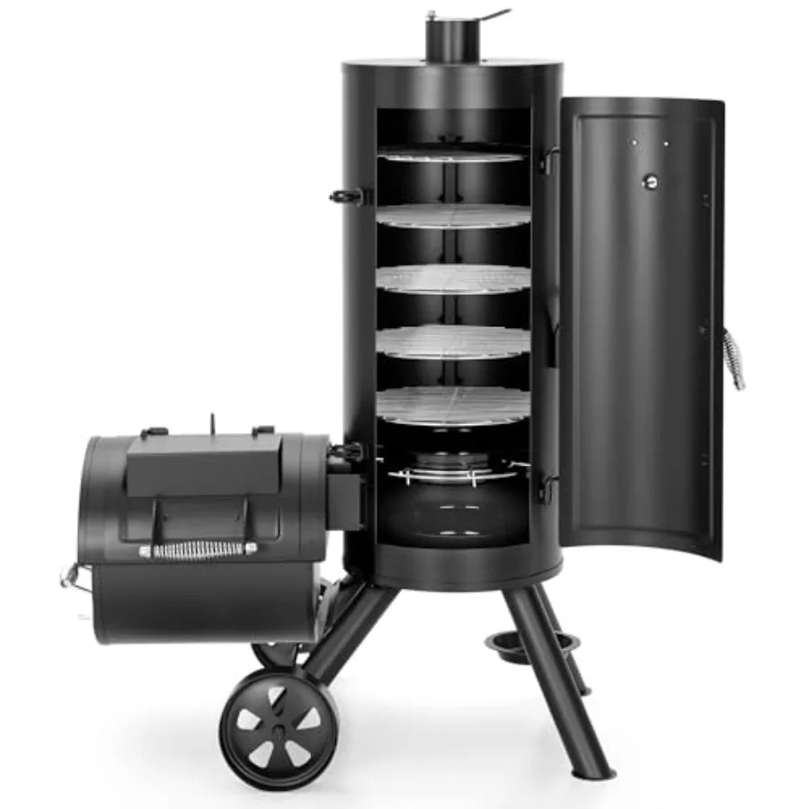Outdoor charcoal vertical and offset smoker grill combo for meat smoking; heavy-duty steel construction; black finish; extra-la
Outdoor charcoal vertical and offset smoker grill combo for meat smoking; heavy-duty steel construction; black finish; extra-la