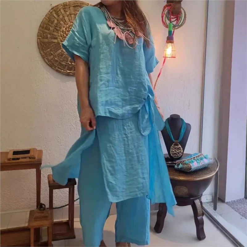 2025 Summer New Cotton and Linen Women's Fashion Solid Color Relaxed Casual Short-sleeved Blouse Top Lace-up Pants Two-piece set
2025 Summer New Cotton and Linen Women's Fashion Solid Color Relaxed Casual Short-sleeved Blouse Top Lace-up Pants Two-piece set