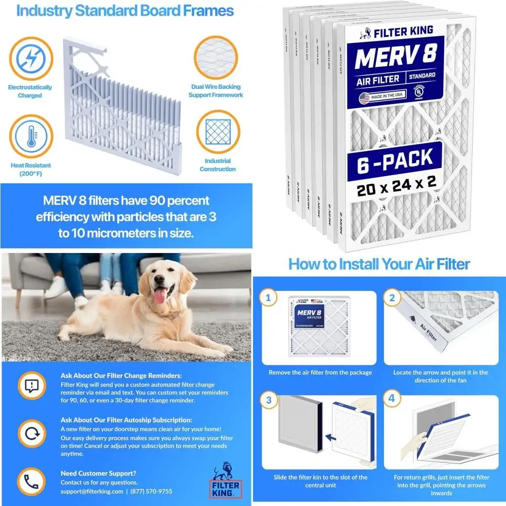 6-Pack 20x24x2 MERV 8 Pleated Air Filters for Dust and Allergy Control, Made in USA, HVAC Compatible
6-Pack 20x24x2 MERV 8 Pleated Air Filters for Dust and Allergy Control, Made in USA, HVAC Compatible