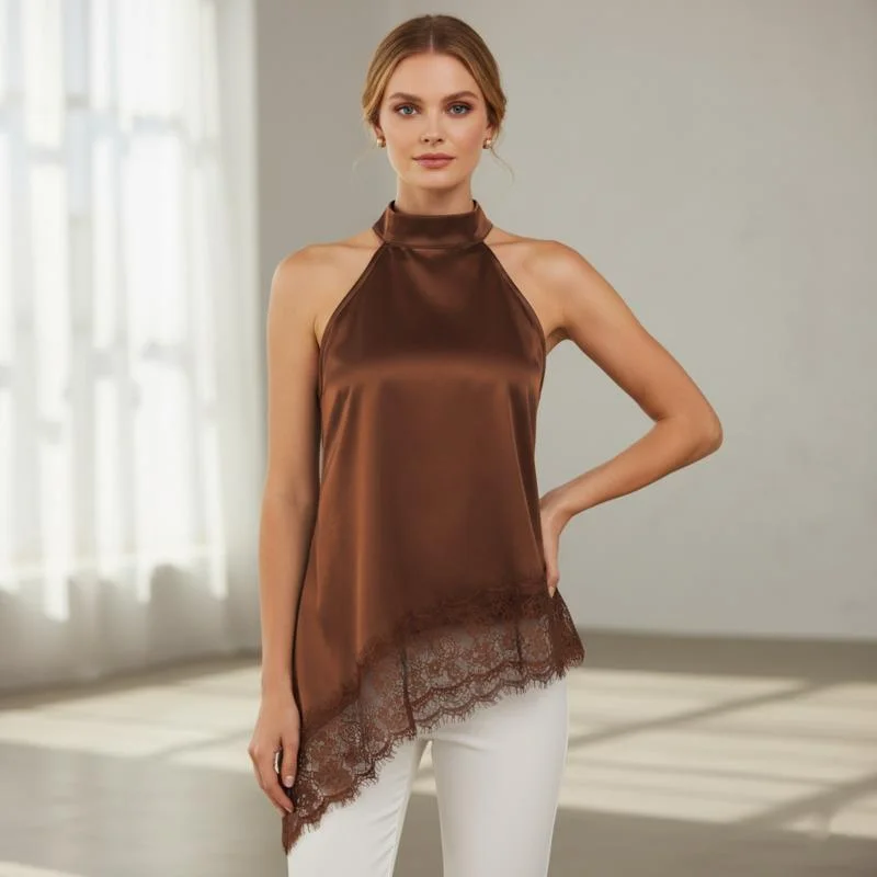 2026 Summer Halter Neck Slim-Fit Brown Lace-Trimmed Satin Imitation Silk Tank Top for Women with a High-End Feel
2026 Summer Halter Neck Slim-Fit Brown Lace-Trimmed Satin Imitation Silk Tank Top for Women with a High-End Feel
