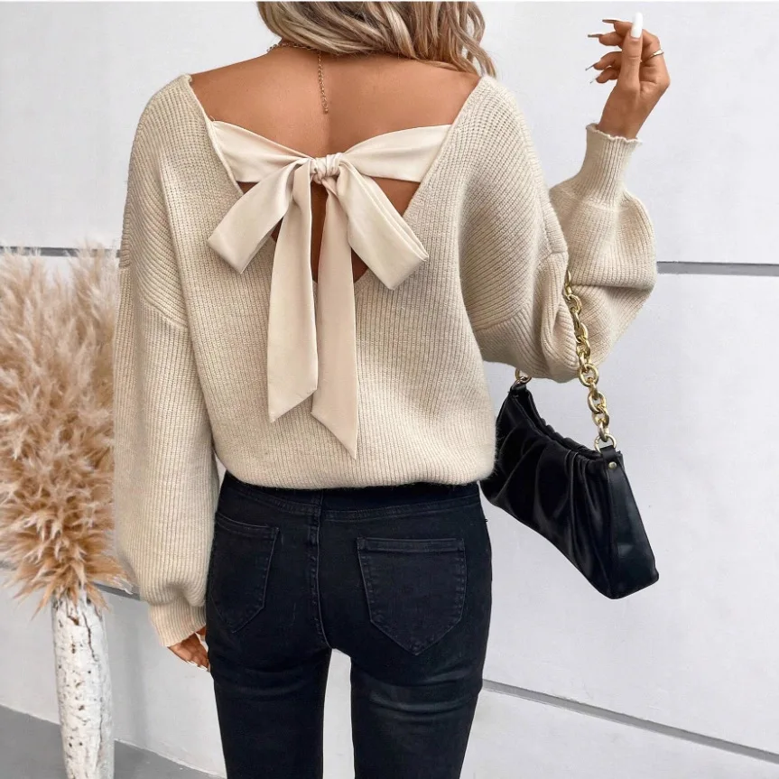 Women Bow Sweater Tie Back Long Sleeve Crew Neck Knitted Sweater Pullover Tops Chic Knit Top Loose Fit V Nek Jumper Fall Winter
Women Bow Sweater Tie Back Long Sleeve Crew Neck Knitted Sweater Pullover Tops Chic Knit Top Loose Fit V Nek Jumper Fall Winter