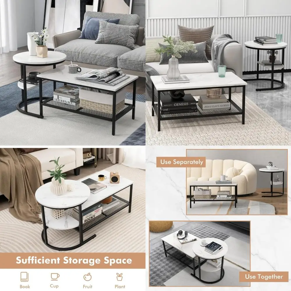 Modern 2-Piece Nesting Coffee Table Set with Detachable Rectangular and Round Tables in White Marble Look and Durable Black Meta
Modern 2-Piece Nesting Coffee Table Set with Detachable Rectangular and Round Tables in White Marble Look and Durable Black Meta