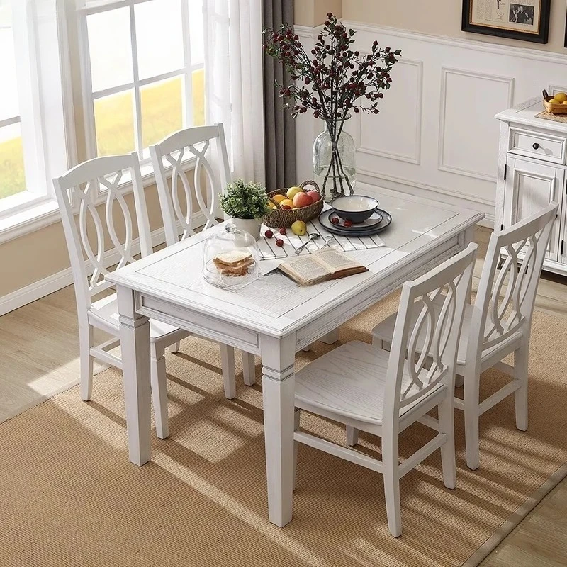 American solid wood dining table white simple small apartment restaurant retro and old 
American solid wood dining table white simple small apartment restaurant retro and old