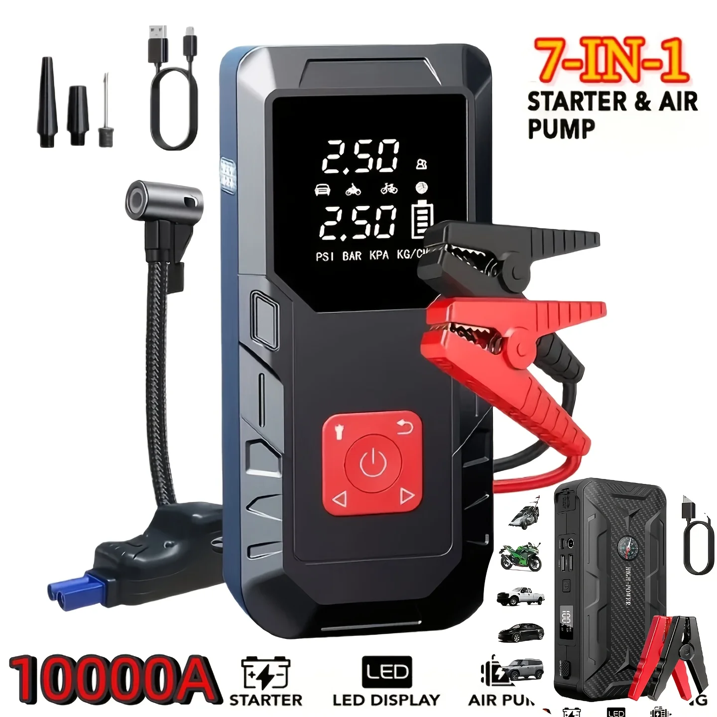 10000A Portable Car Jump Starter with Optional Tire Inflation, 6000A Portable Car Jump Starter, 12V 7-In-1 Car Battery Charger with 150PSI Air Pump, Jump Starter Additions And Tools, LED Light
10000A Portable Car Jump Starter with Optional Tire Inflation, 6000A Portable Car Jump Starter, 12V 7-In-1 Car Battery Charger with 150PSI Air Pump, Jump Starter Additions And Tools, LED Light