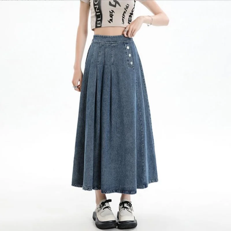 Retro Light Blue Pleated Denim Skirt for Women's 2025 New Design Sense Button Elastic High Waist A-line Mid-length Half Skirts
Retro Light Blue Pleated Denim Skirt for Women's 2025 New Design Sense Button Elastic High Waist A-line Mid-length Half Skirts