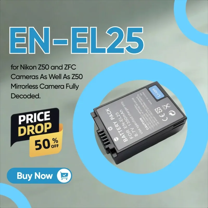 8.7V 1350mAh EN-EL25 Battery for Nikon Z50 and ZFC Cameras As Well As Z50 Mirrorless Camera Fully Decoded.
8.7V 1350mAh EN-EL25 Battery for Nikon Z50 and ZFC Cameras As Well As Z50 Mirrorless Camera Fully Decoded.
