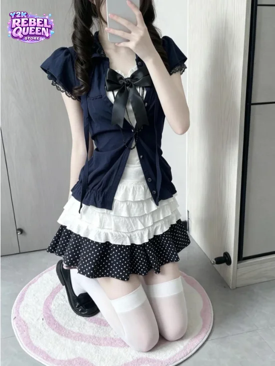 Japanese Sweet Vintage 2 Piece Set Women Bow Tops + Lace Cardigan + Polka Dot Mini Skirt Slim Summer Casual Streetwear Outfits
Japanese Sweet Vintage 2 Piece Set Women Bow Tops + Lace Cardigan + Polka Dot Mini Skirt Slim Summer Casual Streetwear Outfits