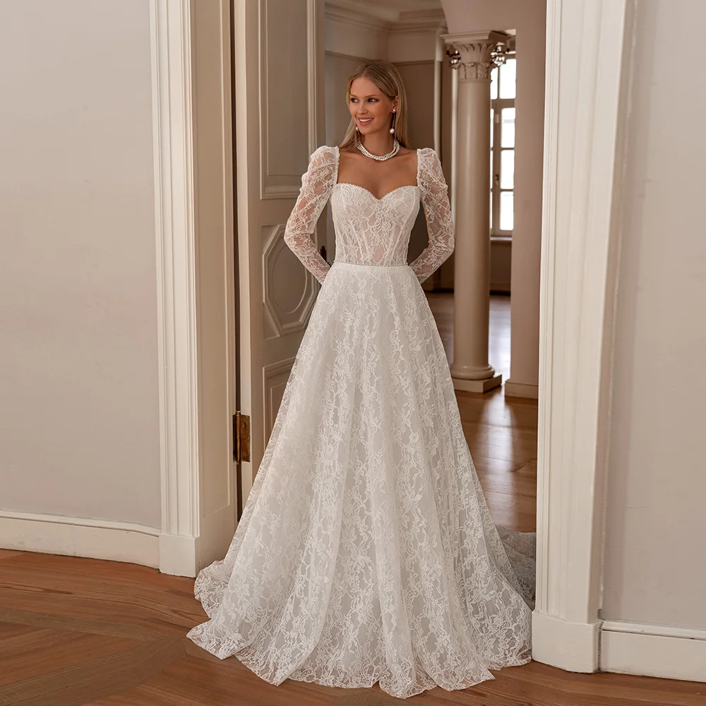 Boho Sweetheart Collar Lace A-line Bridal Wedding Dress Backless Button Long Sleeve Wedding Gowns with Court Customized
Boho Sweetheart Collar Lace A-line Bridal Wedding Dress Backless Button Long Sleeve Wedding Gowns with Court Customized