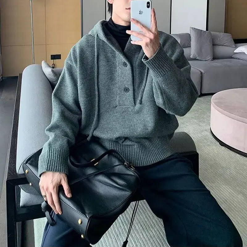 Hooded Casual Knitted Pullovers Autumn Winter Basic Solid Color Men's Clothing Korean Loose Button Fashion Drawstring Sweaters
Hooded Casual Knitted Pullovers Autumn Winter Basic Solid Color Men's Clothing Korean Loose Button Fashion Drawstring Sweaters