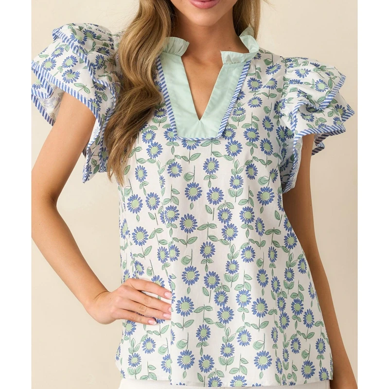 Combhasaki Women Summer Chic Aesthetic Floral Print Shirt Top Layered Ruffle Short Flutter Sleeve V-Neck OL Blouses Streetwear
Combhasaki Women Summer Chic Aesthetic Floral Print Shirt Top Layered Ruffle Short Flutter Sleeve V-Neck OL Blouses Streetwear