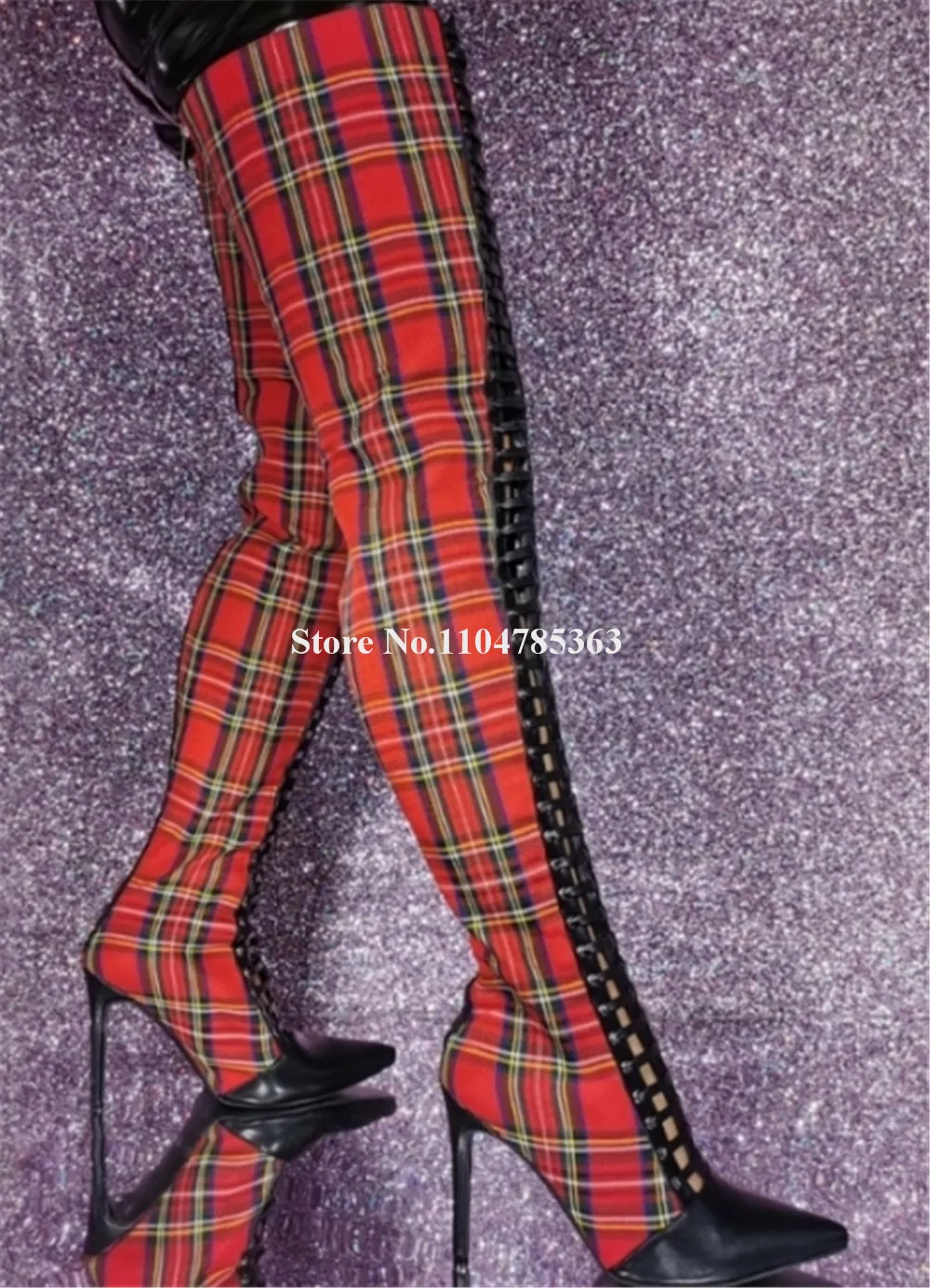 Red Plaid Cloth Patchwork Black Matte Leather Stiletto Heel Over Knee Boots Pointed Toe Lace-up Slim Thin Heel Long Boots
Red Plaid Cloth Patchwork Black Matte Leather Stiletto Heel Over Knee Boots Pointed Toe Lace-up Slim Thin Heel Long Boots