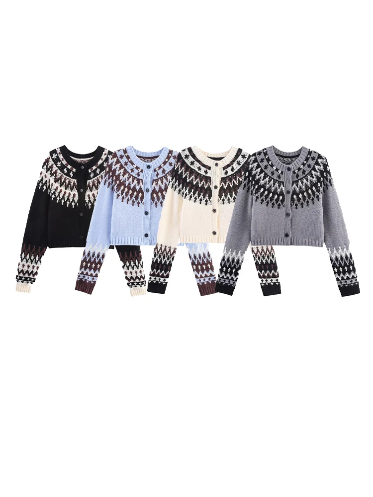 New European and American women's clothing jacquard contrast color slim short knitted cardigan long-sleeved top jacket
New European and American women's clothing jacquard contrast color slim short knitted cardigan long-sleeved top jacket
