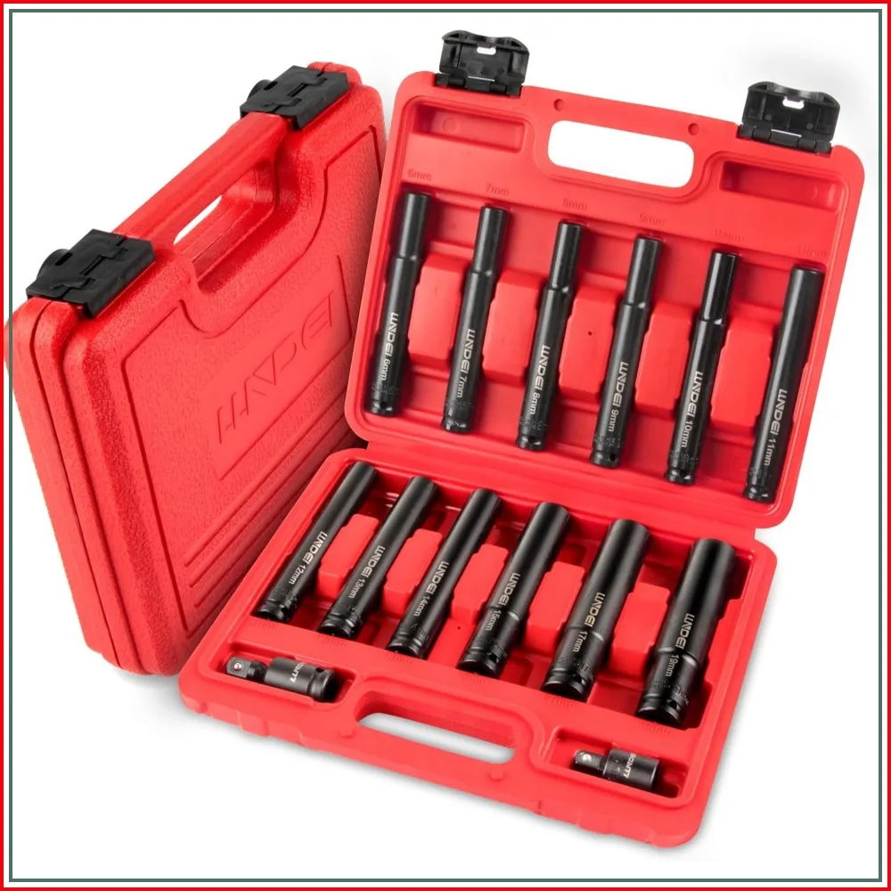 14PCS 3/8" Drive Impact Deep Well Socket Set Metric, Extra Long Reach 6-19mm, 6-Point, for Auto & Motorcycle Repair, Cr-V Steel, Black Oxide
14PCS 3/8" Drive Impact Deep Well Socket Set Metric, Extra Long Reach 6-19mm, 6-Point, for Auto & Motorcycle Repair, Cr-V Steel, Black Oxide