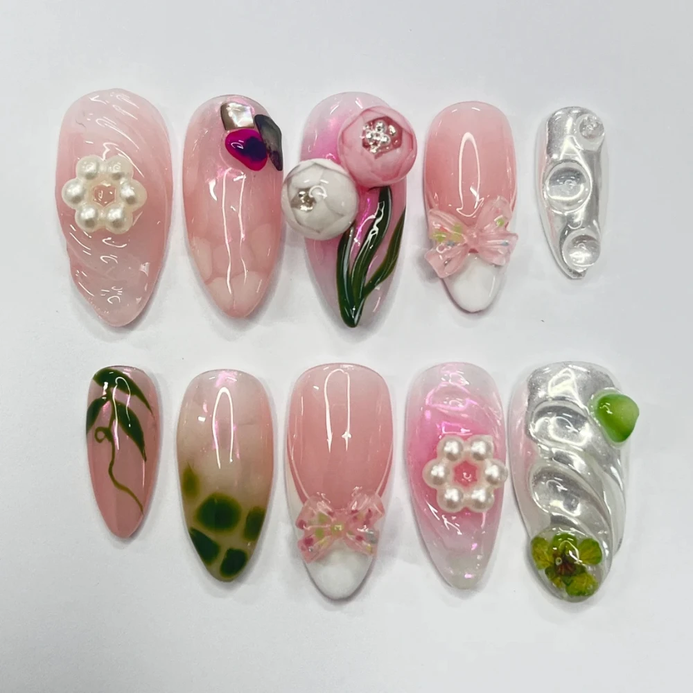 10Pcs Handmade Manicure Medium Almond Fake Nails 2024 New Cute 3D Rose Nails Press On Nails Design with Adhesive Nail File Set
10Pcs Handmade Manicure Medium Almond Fake Nails 2024 New Cute 3D Rose Nails Press On Nails Design with Adhesive Nail File Set