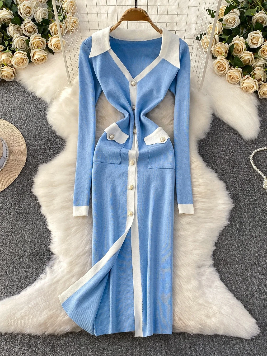 Вязаное платье Ele с длинным рукавом, воротником, жемчужными пуговицами, приталенное, с разрезом, для женщин, осень-зима, с завышенной талией, А-силуэт
Вязаное платье Ele с длинным рукавом, воротником, жемчужными пуговицами, приталенное, с разрезом, для женщин, осень-зима, с завышенной талией, А-силуэт