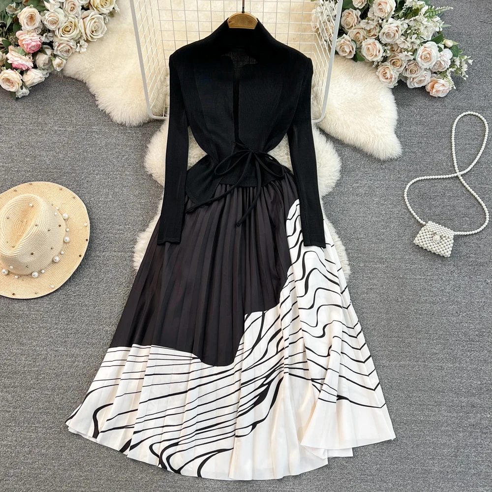 Autumn Winter Stand Collar Elegant Patchwork Contrast Color Pleated Dress Women Long Sleeve Office Lady Dress 2023
Autumn Winter Stand Collar Elegant Patchwork Contrast Color Pleated Dress Women Long Sleeve Office Lady Dress 2023
