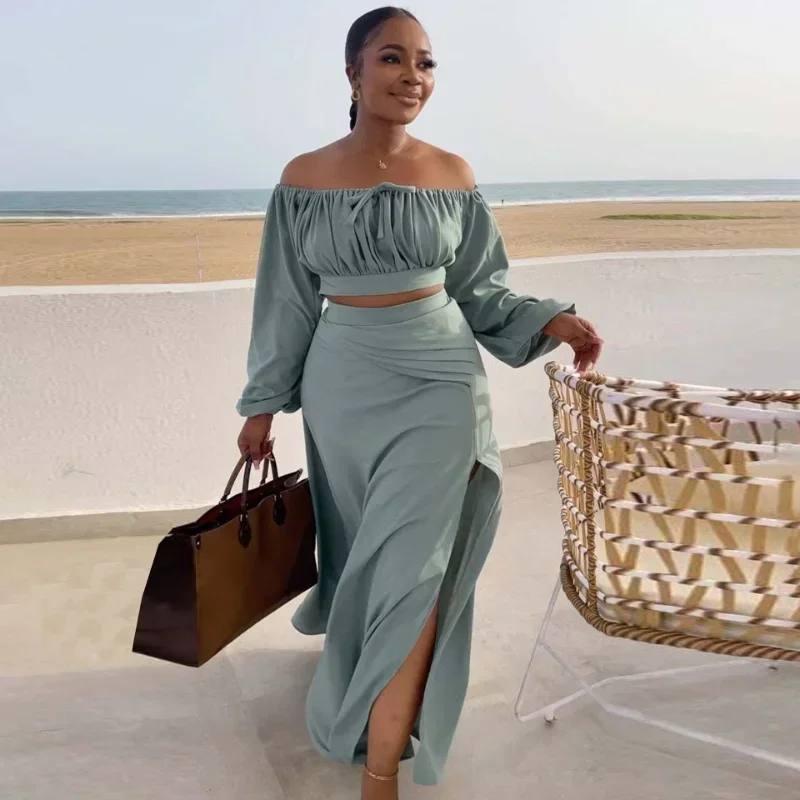 GUWU Summer Fashion Women Set Off Shoulder Long Sleeve Crop Top and High Side Slit Draped Maxi Skirt Two 2 Piece Set Outfit
GUWU Summer Fashion Women Set Off Shoulder Long Sleeve Crop Top and High Side Slit Draped Maxi Skirt Two 2 Piece Set Outfit