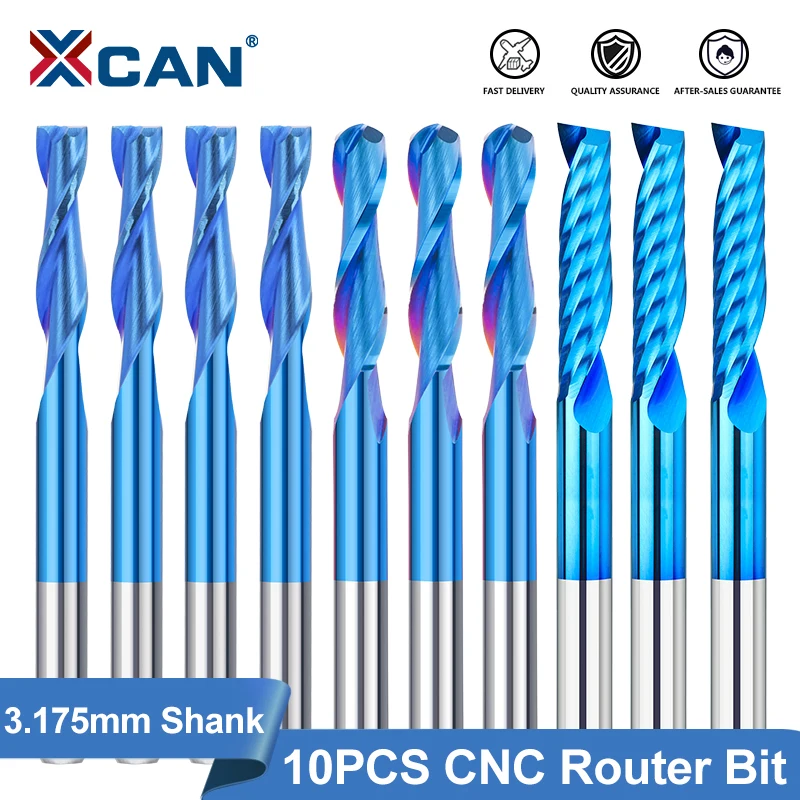XCAN Milling Cutter Set 10pcs 3.175mm Shank CNC Router Bit Carbide End Mill Spiral Milling Cutter for Woodworking
XCAN Milling Cutter Set 10pcs 3.175mm Shank CNC Router Bit Carbide End Mill Spiral Milling Cutter for Woodworking