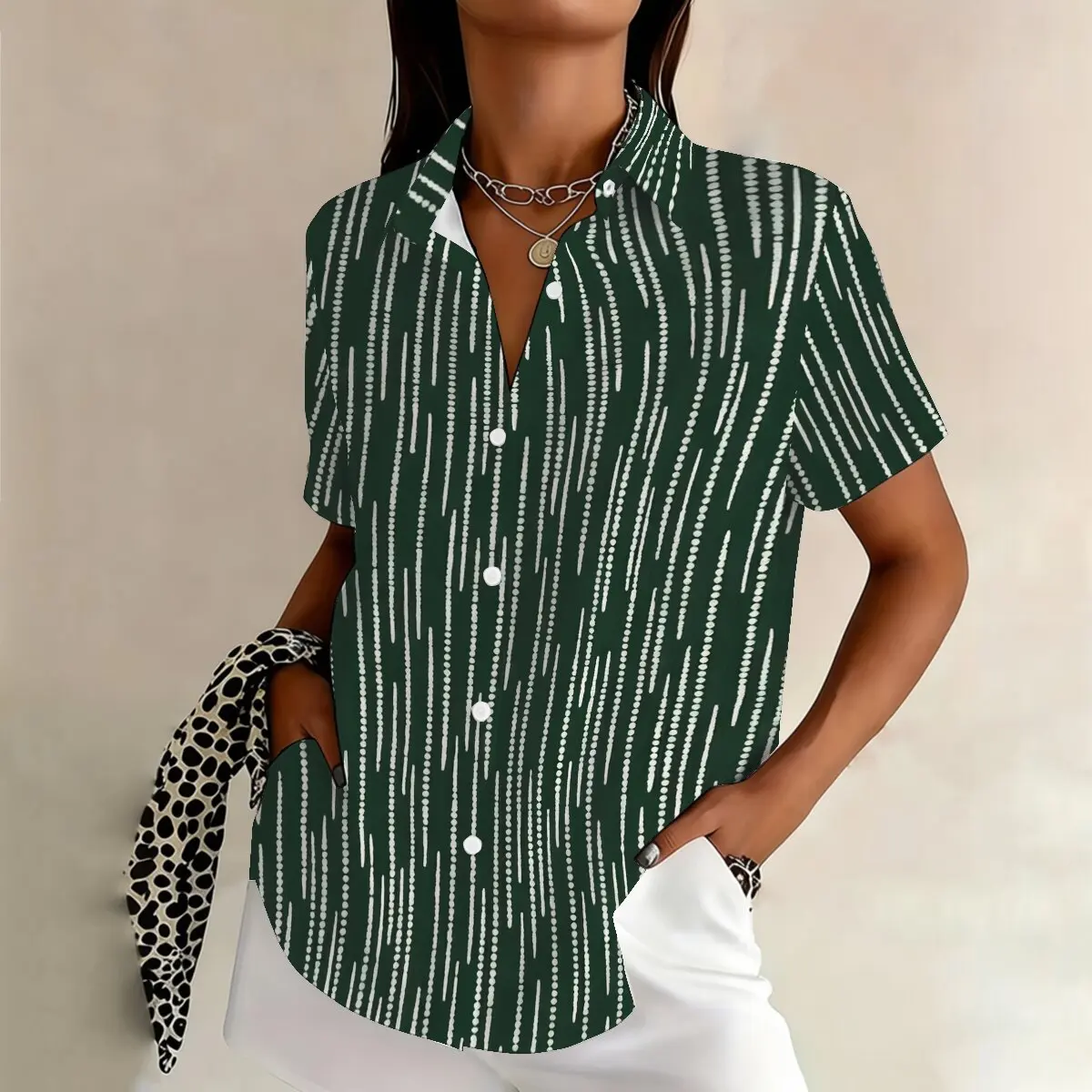 Women's plus-size summer short-sleeve shirt, green-based segment print, low-key design, street fashion, steady and elegant.
Women's plus-size summer short-sleeve shirt, green-based segment print, low-key design, street fashion, steady and elegant.
