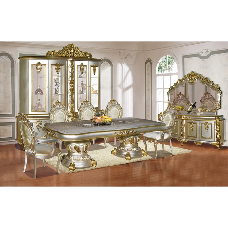 Antique classic wooden luxury restaurant set furniture all-European retro golden large wooden dining table set 6 seats
Antique classic wooden luxury restaurant set furniture all-European retro golden large wooden dining table set 6 seats
