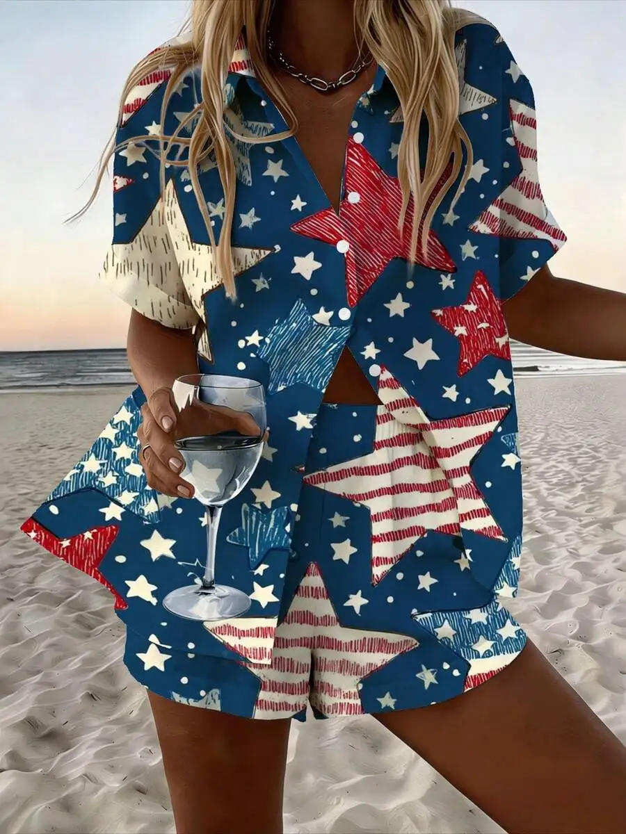 Womens Patriotic Star Print Short Sleeve Shirt And Shorts Set For Beach Vacation
Womens Patriotic Star Print Short Sleeve Shirt And Shorts Set For Beach Vacation