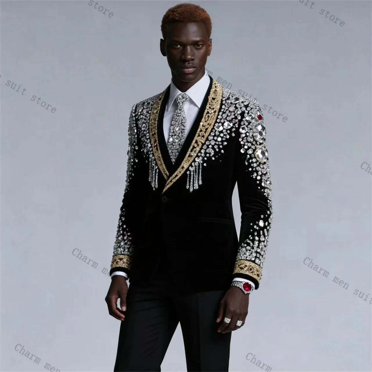 Luxury Crystals Men Suits Set 2 Pcs Blazer+Black Pants Trousers Wedding Tuxedo Formal Office Business Groom Jacket Coat
Luxury Crystals Men Suits Set 2 Pcs Blazer+Black Pants Trousers Wedding Tuxedo Formal Office Business Groom Jacket Coat