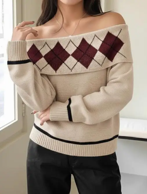 Autumn and Winter New Fashionable Temperament Elegant One Necked Slim Fit Sweater Color Blocked Diamond Grid Jacquard Sweater
Autumn and Winter New Fashionable Temperament Elegant One Necked Slim Fit Sweater Color Blocked Diamond Grid Jacquard Sweater
