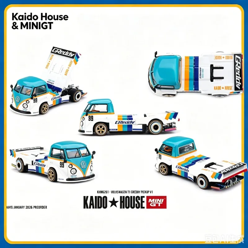 Kaido MINIGT 1:64 Volkswagen T1 GReddy Pickup V1 Bread Bus Open Lid Alloy Car Model Collection, Simulation Static Ornament.
Kaido MINIGT 1:64 Volkswagen T1 GReddy Pickup V1 Bread Bus Open Lid Alloy Car Model Collection, Simulation Static Ornament.