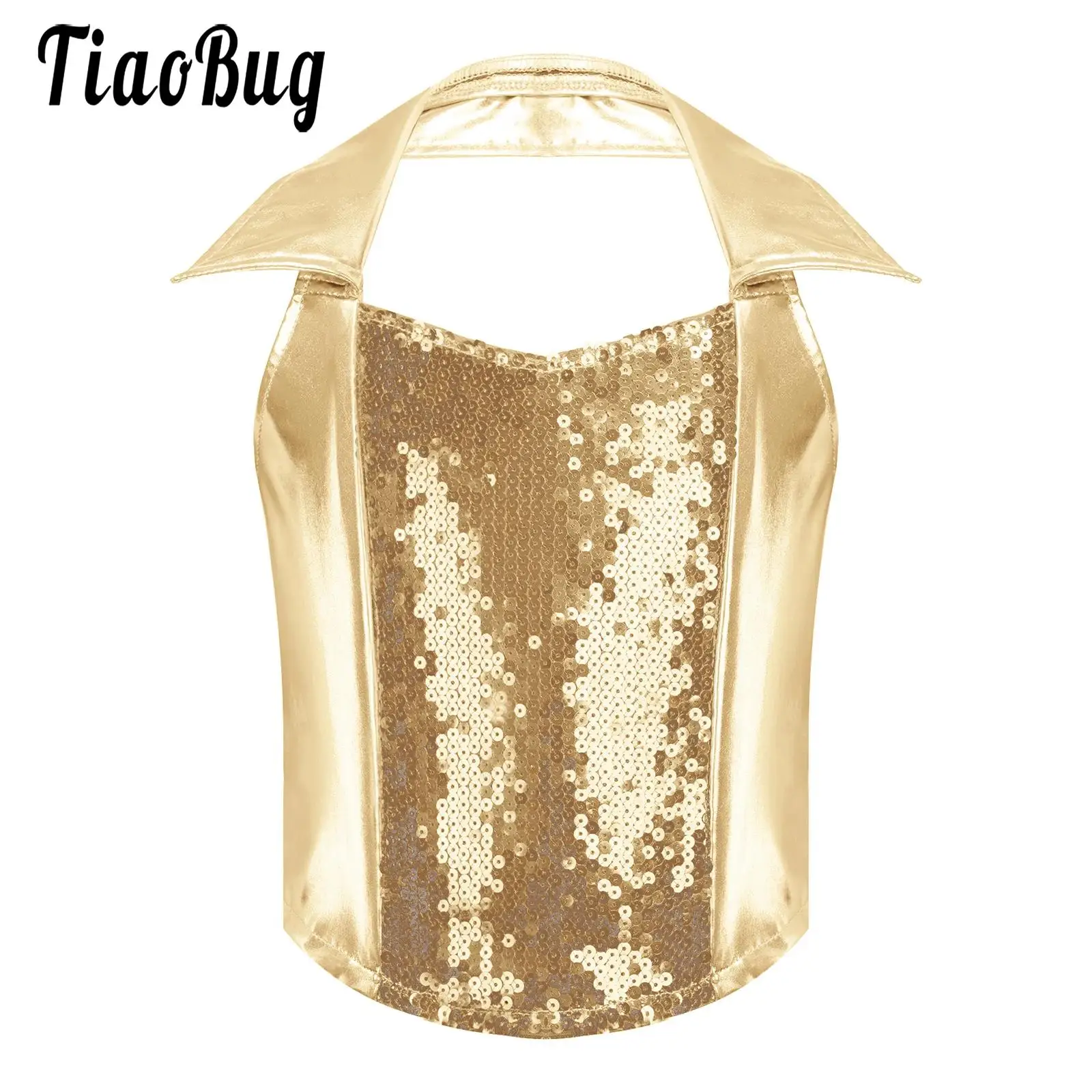 Kids Girls Shiny Metallic Jazz Disco Halter Crop Tops Glitter Sequins Sleeveless Zip-up Tank Top Vest Stage Performance Costume
Kids Girls Shiny Metallic Jazz Disco Halter Crop Tops Glitter Sequins Sleeveless Zip-up Tank Top Vest Stage Performance Costume