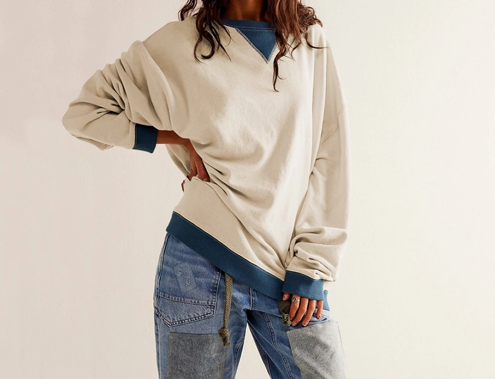2025 Street Style Contrasting Color Thread Long Sleeved Top Loose Shoulder Round Neck Hoodie Jacket for Women
2025 Street Style Contrasting Color Thread Long Sleeved Top Loose Shoulder Round Neck Hoodie Jacket for Women