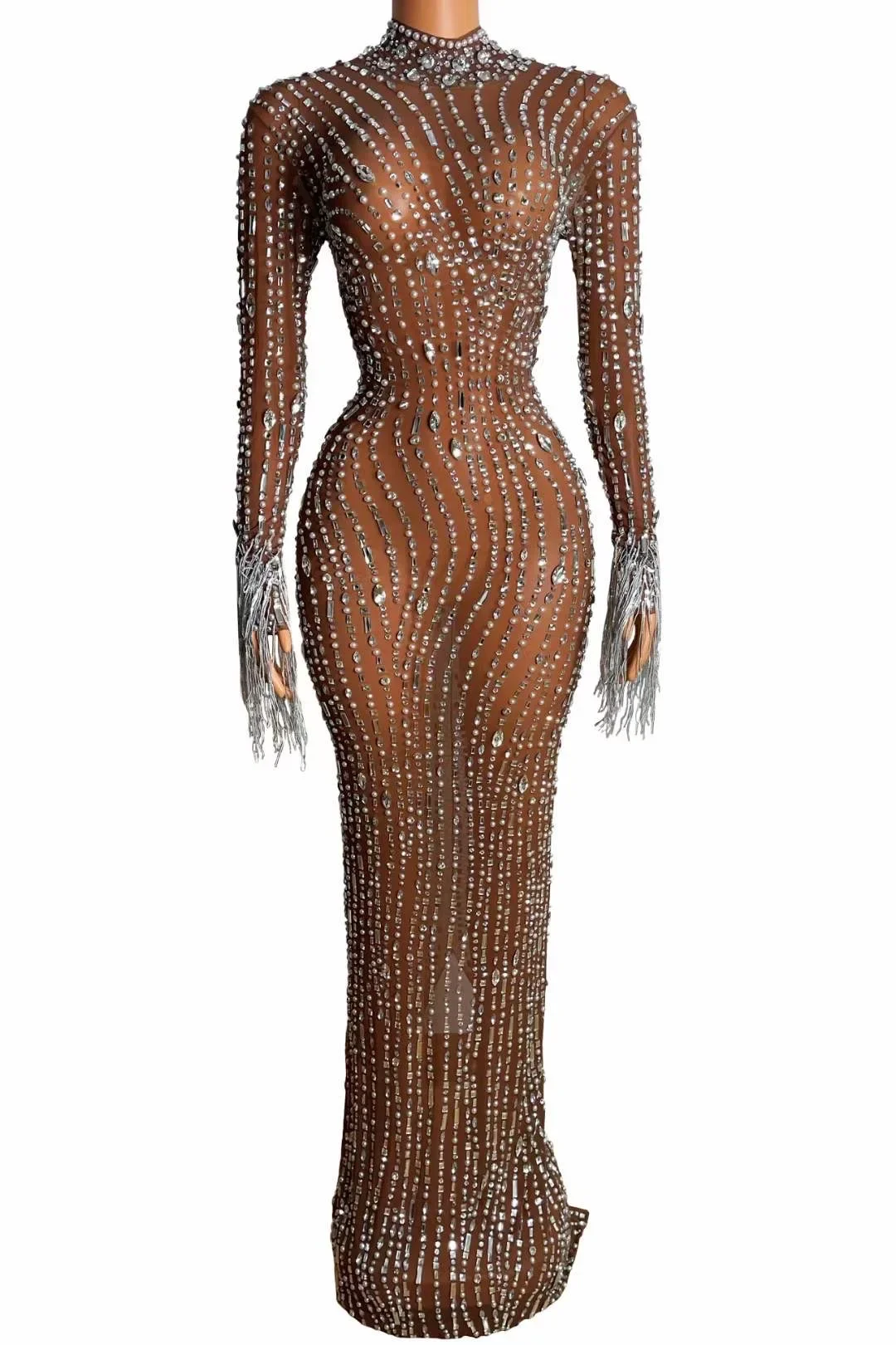 Brown Shining Rhinestones Sexy Long Sleeves Tassel Elegant Dress For Women Evening Banquet Clothing Stage Singer Costumes Prom 
Brown Shining Rhinestones Sexy Long Sleeves Tassel Elegant Dress For Women Evening Banquet Clothing Stage Singer Costumes Prom