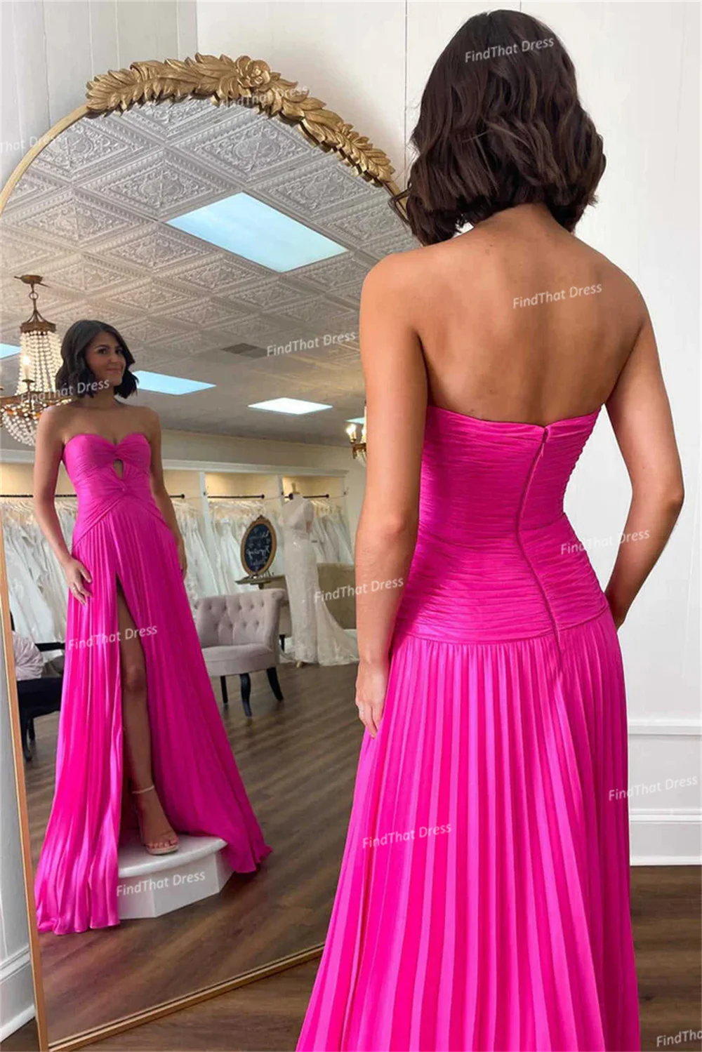 Custom Made Modest Strapless Chiffon A-line Pleated Formal Evening Dress Backless Side Split Long Party Gown with Court
Custom Made Modest Strapless Chiffon A-line Pleated Formal Evening Dress Backless Side Split Long Party Gown with Court