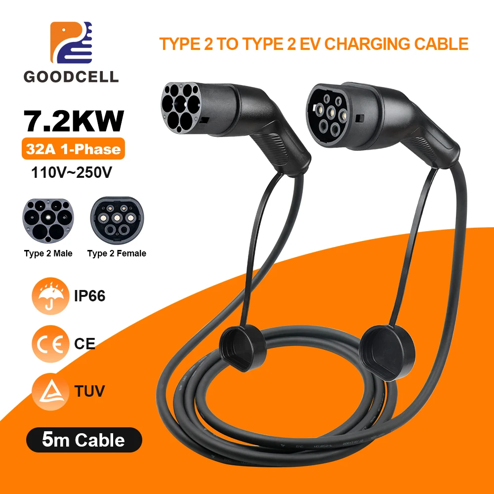 GOODCELL EV Charging Cable Type 2 to Type2 16A/32A IEC62196-2 1Phase 200V-240V Use for Type 2 Electric Vehicles Charging
GOODCELL EV Charging Cable Type 2 to Type2 16A/32A IEC62196-2 1Phase 200V-240V Use for Type 2 Electric Vehicles Charging