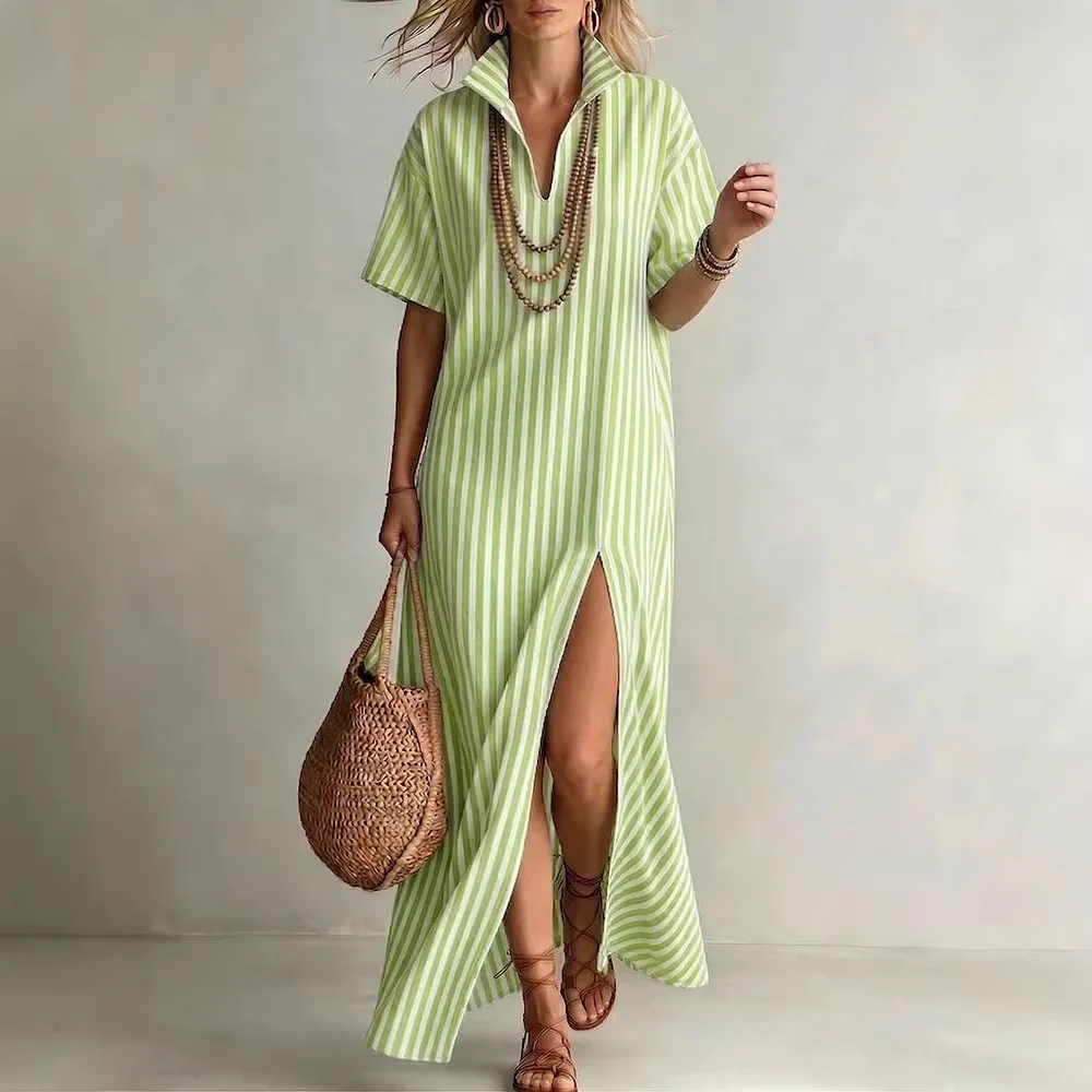 Women's Summer Stripes Print Split Thigh Dress Ladies Summer Clothes Boho Fashion Frill Trim Long Dress For Beach 2026 Vestidos
Women's Summer Stripes Print Split Thigh Dress Ladies Summer Clothes Boho Fashion Frill Trim Long Dress For Beach 2026 Vestidos