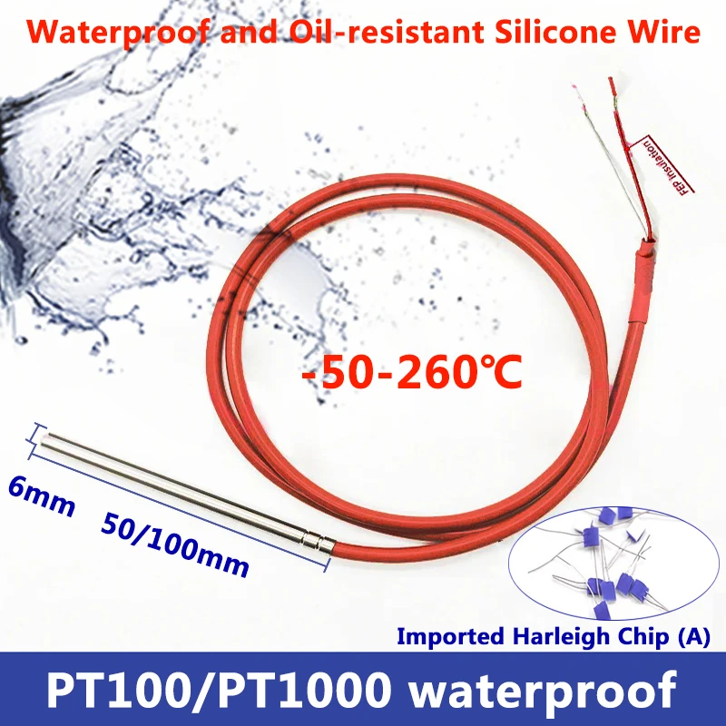 Waterproof PT1000 Temperature Sensor -50 ~ 200°C Probe DIA 6mm Insert Length 100mm Heat Resistant 2 Wire 1M Silicone Cable
Waterproof PT1000 Temperature Sensor -50 ~ 200°C Probe DIA 6mm Insert Length 100mm Heat Resistant 2 Wire 1M Silicone Cable