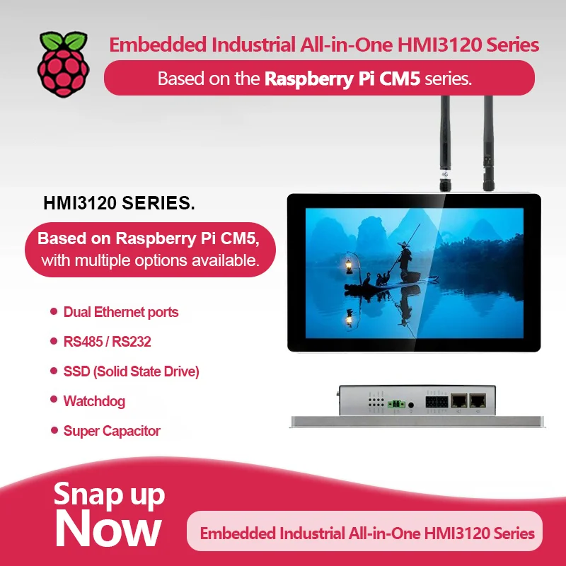 Raspberry Pi CM5 Embedded Industrial All-in-One HMI3120 Series Industrial Control Computer
Raspberry Pi CM5 Embedded Industrial All-in-One HMI3120 Series Industrial Control Computer
