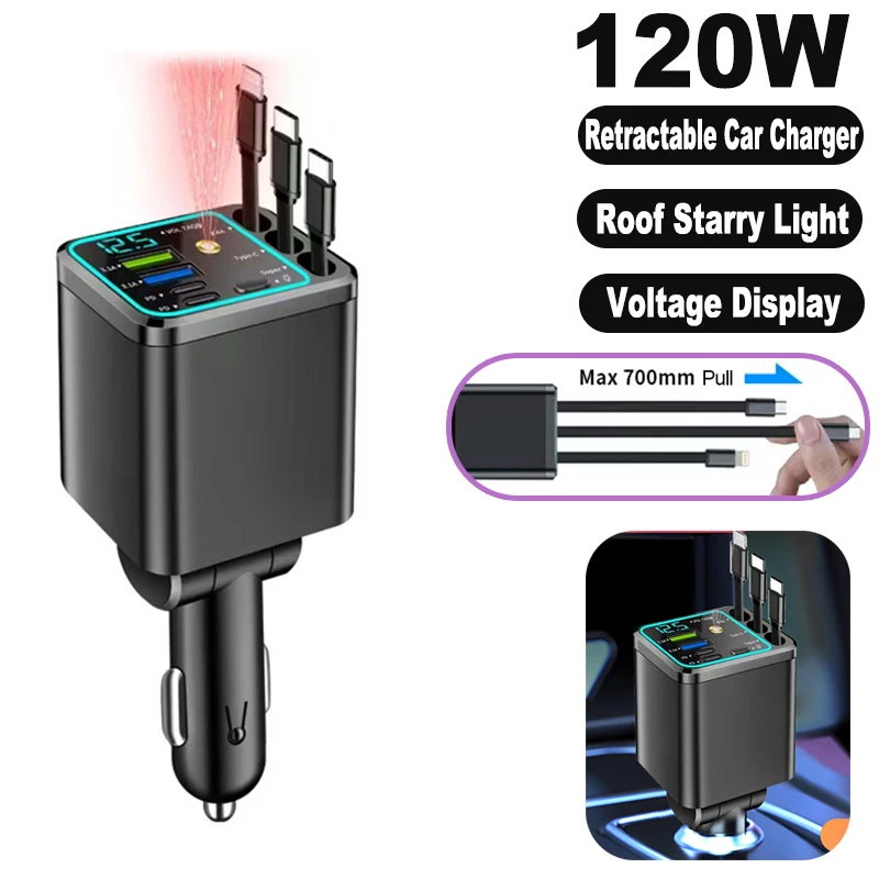 Выдвижное автомобильное зарядное устройство 120 Вт 7 в 1, USB Type C PD, выдвижной кабель со светодиодным вольтметром Starlight на крыше для телефонов IOS Android
Выдвижное автомобильное зарядное устройство 120 Вт 7 в 1, USB Type C PD, выдвижной кабель со светодиодным вольтметром Starlight на крыше для телефонов IOS Android