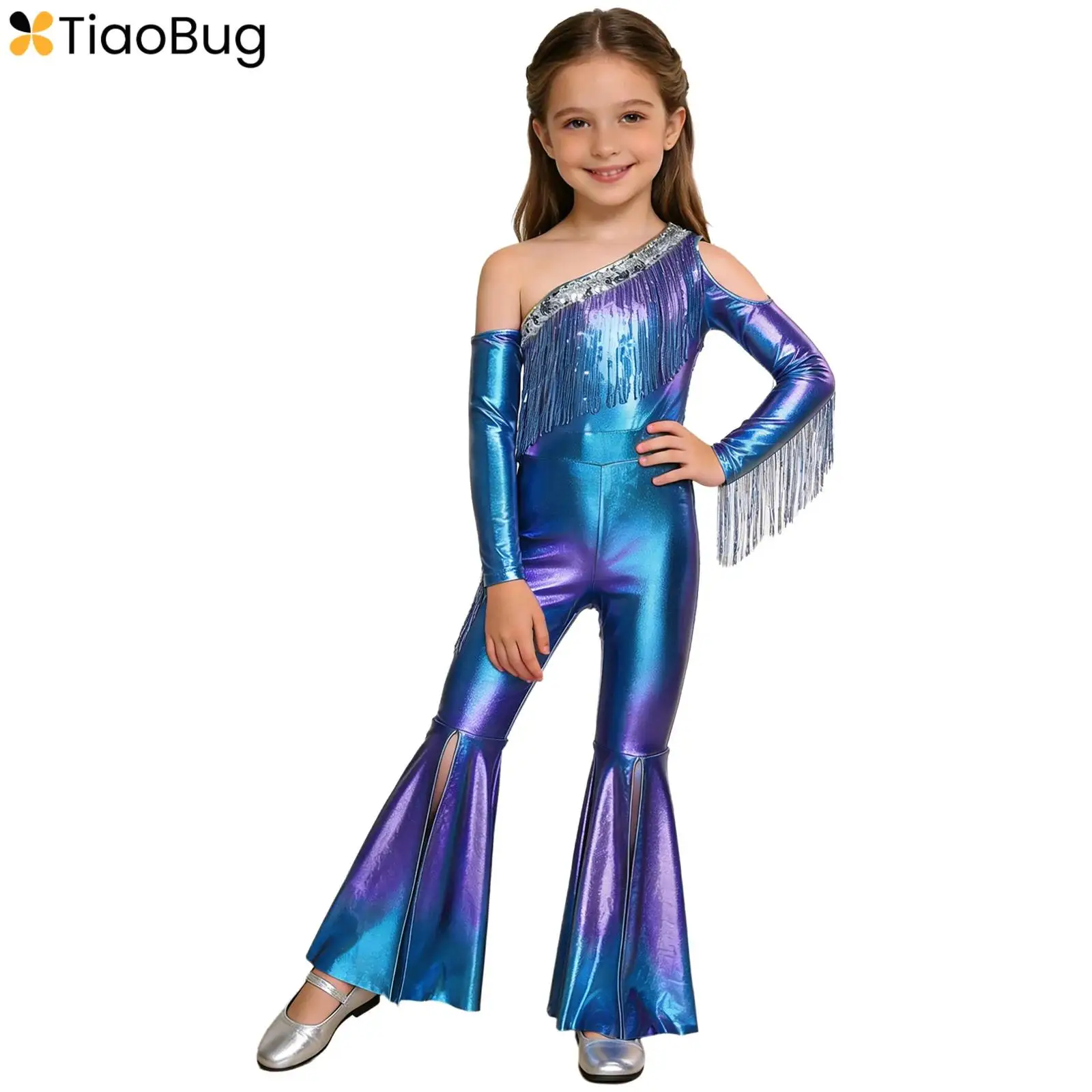Kids Girls Jazz Disco Dance Jumpsuit Off Shoulder Long Sleeve Glossy Metallic Shiny Sequins Tassel Slit Bell Bottom Legs Rompers
Kids Girls Jazz Disco Dance Jumpsuit Off Shoulder Long Sleeve Glossy Metallic Shiny Sequins Tassel Slit Bell Bottom Legs Rompers