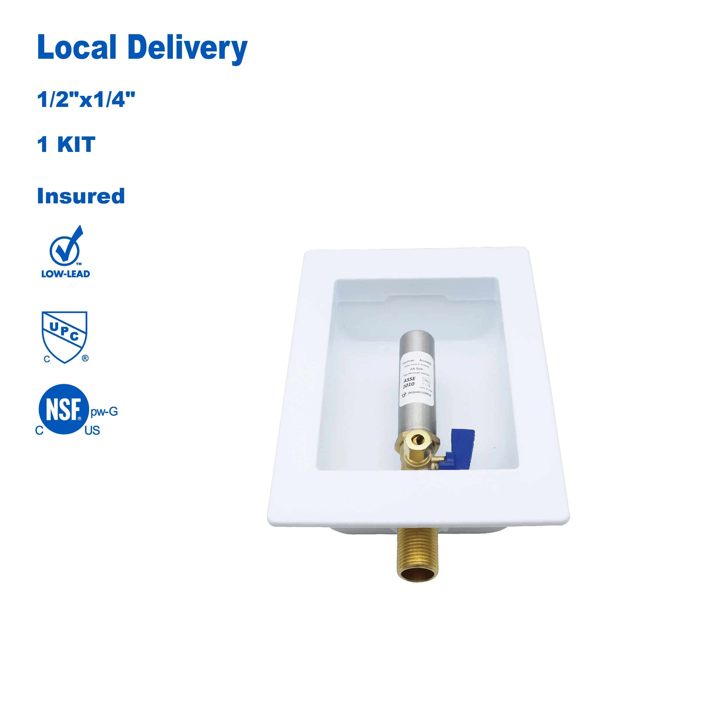 KING SMART Ice Maker Outlet Box with SS Water Hammer Arrestor; 1/2" MIP Sweat 1/4" Comp. OD outlet, 1/4 Turn; 1 Pcs/Case; 81207
KING SMART Ice Maker Outlet Box with SS Water Hammer Arrestor; 1/2" MIP Sweat 1/4" Comp. OD outlet, 1/4 Turn; 1 Pcs/Case; 81207