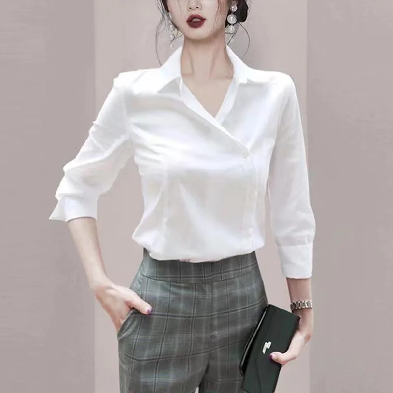 Spring Autumn New Chinese Style Shirt Solid Color Polo-Neck Button Asymmetrical Fashion Slim Long Sleeve Office Lady Shirt Tops
Spring Autumn New Chinese Style Shirt Solid Color Polo-Neck Button Asymmetrical Fashion Slim Long Sleeve Office Lady Shirt Tops