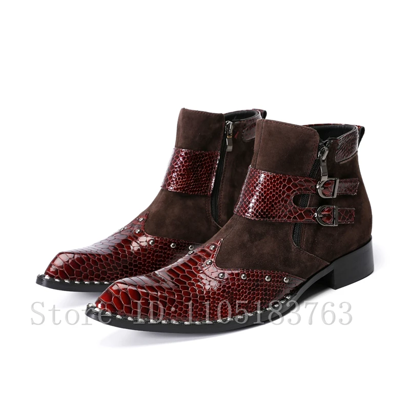 Men Snake Print Patchwork Ankle Boots Pointed Toe with Buckle Straps & Rivets, Side Zipper Low Heel Dress Chelsea Boots
Men Snake Print Patchwork Ankle Boots Pointed Toe with Buckle Straps & Rivets, Side Zipper Low Heel Dress Chelsea Boots