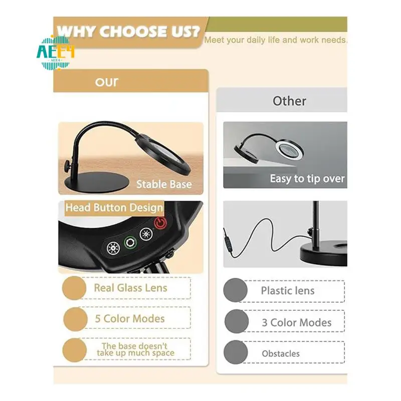 AEE4-Flexible Gooseneck Lighted Magnifier With Stand 5 Color Modes Dimmable USB Reading Eye Protection Study Lamp
AEE4-Flexible Gooseneck Lighted Magnifier With Stand 5 Color Modes Dimmable USB Reading Eye Protection Study Lamp