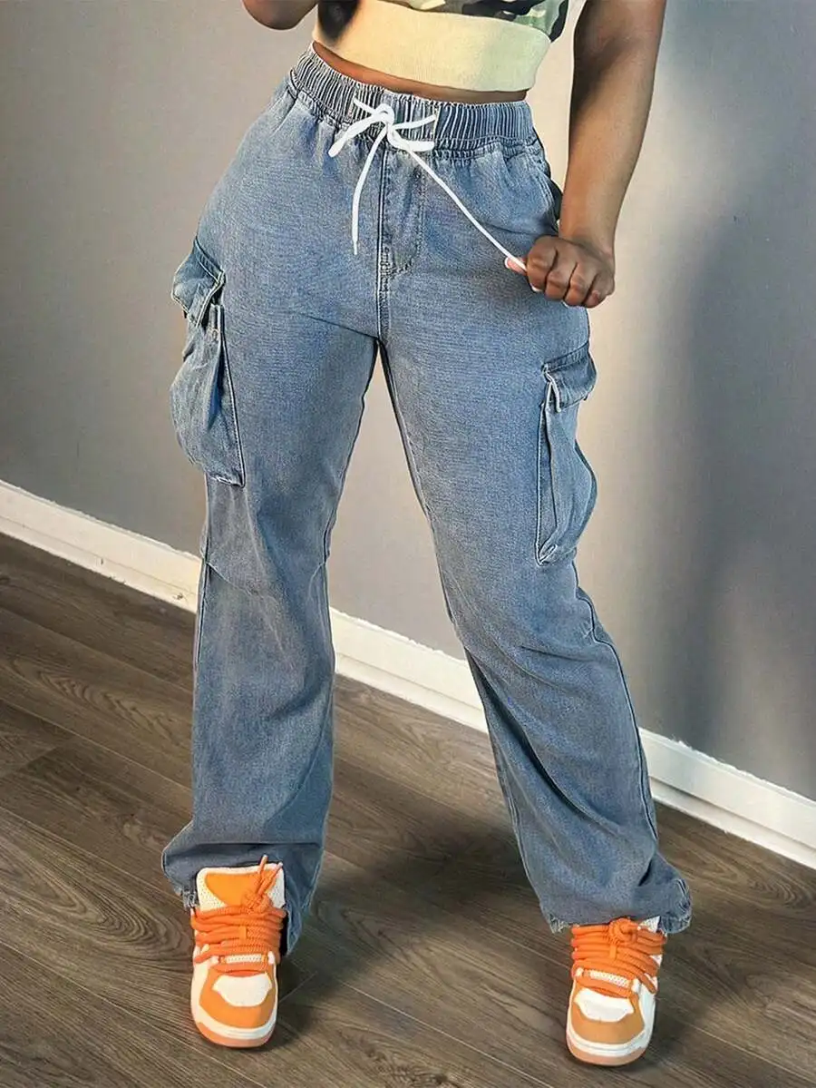 Light Blue Cargo Straight Leg Jeans Women With Drawstring And Multiple Pockets Casual Daily Wear
Light Blue Cargo Straight Leg Jeans Women With Drawstring And Multiple Pockets Casual Daily Wear