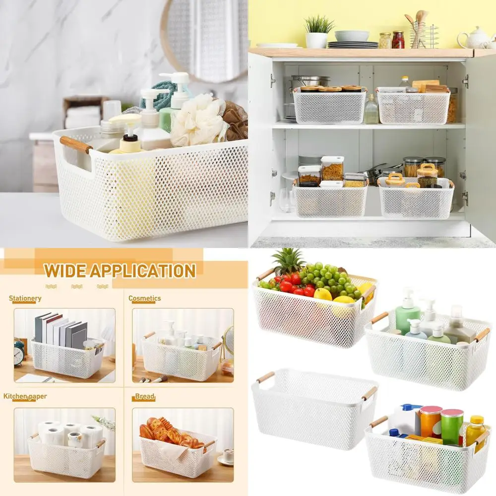 Large White Plastic Mesh Baskets with Wooden Handles for Kitchen, Pantry, and Closet Storage
Large White Plastic Mesh Baskets with Wooden Handles for Kitchen, Pantry, and Closet Storage