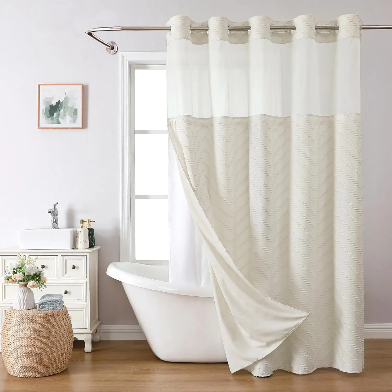 Tufted Chevron Striped Shower Curtain with Snap-in Fabric Liner, Hotel Grade Boho Style, Water Repellent
Tufted Chevron Striped Shower Curtain with Snap-in Fabric Liner, Hotel Grade Boho Style, Water Repellent