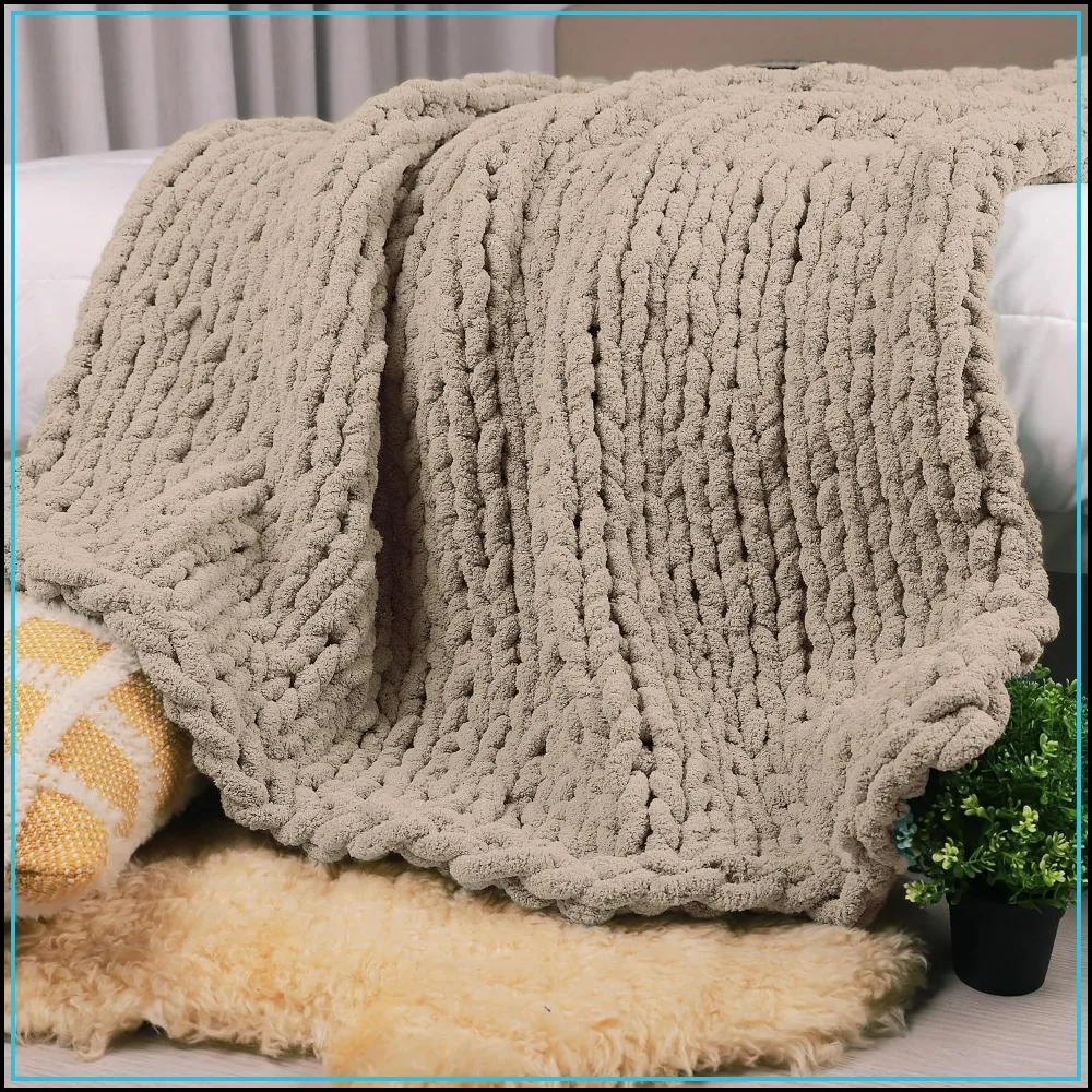 Handmade Chunky Knit Throw Blanket 50"x60" - Soft Chenille Loop Yarn, Heavy Crochet Cable Woven, Taupe
Handmade Chunky Knit Throw Blanket 50"x60" - Soft Chenille Loop Yarn, Heavy Crochet Cable Woven, Taupe
