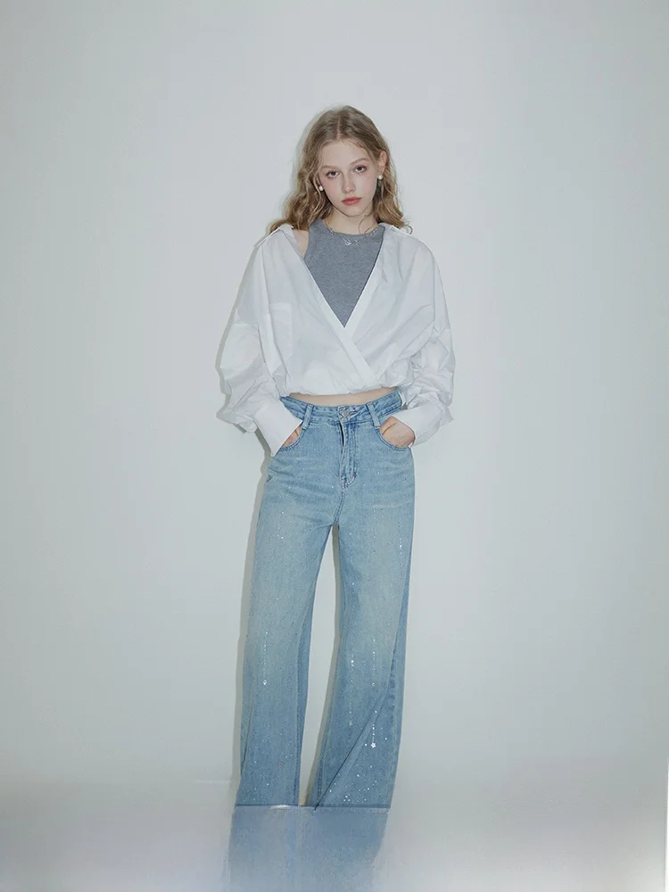 Ele Sauce Design White irt Denim Jeans Women's Loose Fit Long Sve Polyester Cotton Blend Thin Spring Commute Sle
Ele Sauce Design White irt Denim Jeans Women's Loose Fit Long Sve Polyester Cotton Blend Thin Spring Commute Sle