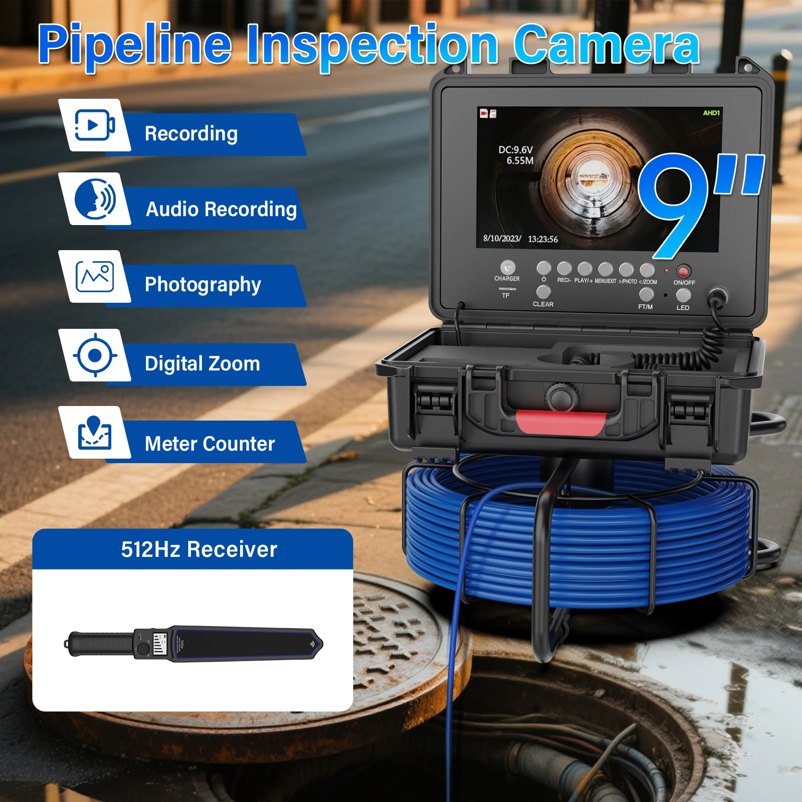 9" Sewer Pipe Inspection Camera With 512HZ Self-Leveling Locator Endoscope Camera Video+Audio Recording +Meter Counter 5MM Cable
9" Sewer Pipe Inspection Camera With 512HZ Self-Leveling Locator Endoscope Camera Video+Audio Recording +Meter Counter 5MM Cable